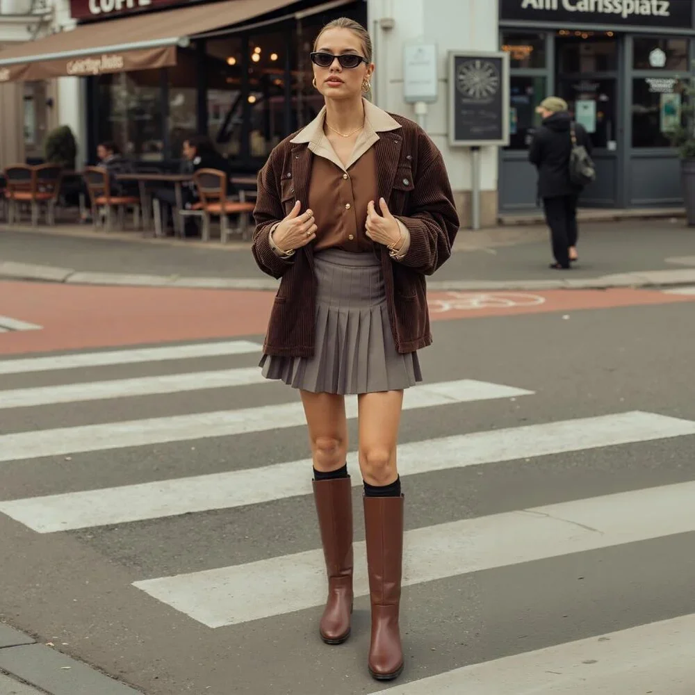 Women's A-brown Rounded Toe Flat Low Chunky Zip Heel Knee High Boots
